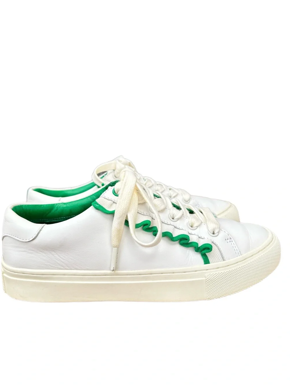 Tory Sport Howell Court Ruffle Leather Sneakers White Green Size 5.5